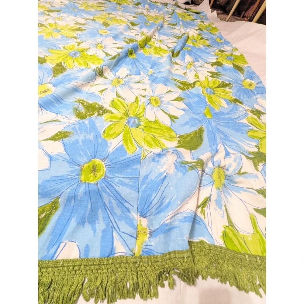 VTG Cannon Royal Family Queen Bedspread Mod 60s 70s Floral Fringe Green Blue